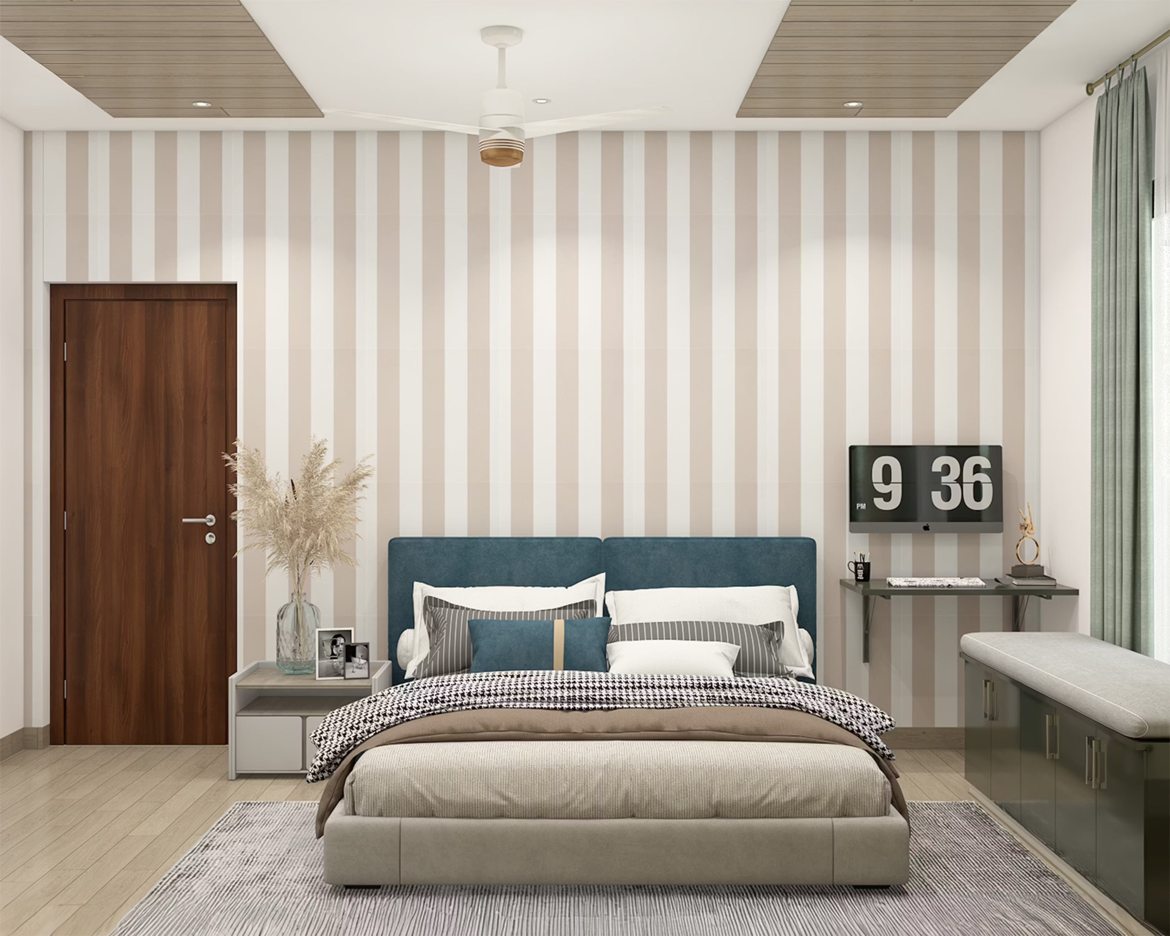 Contemporary Master Bedroom Design with Teal Velvet Headboard King Bed and Floating Study