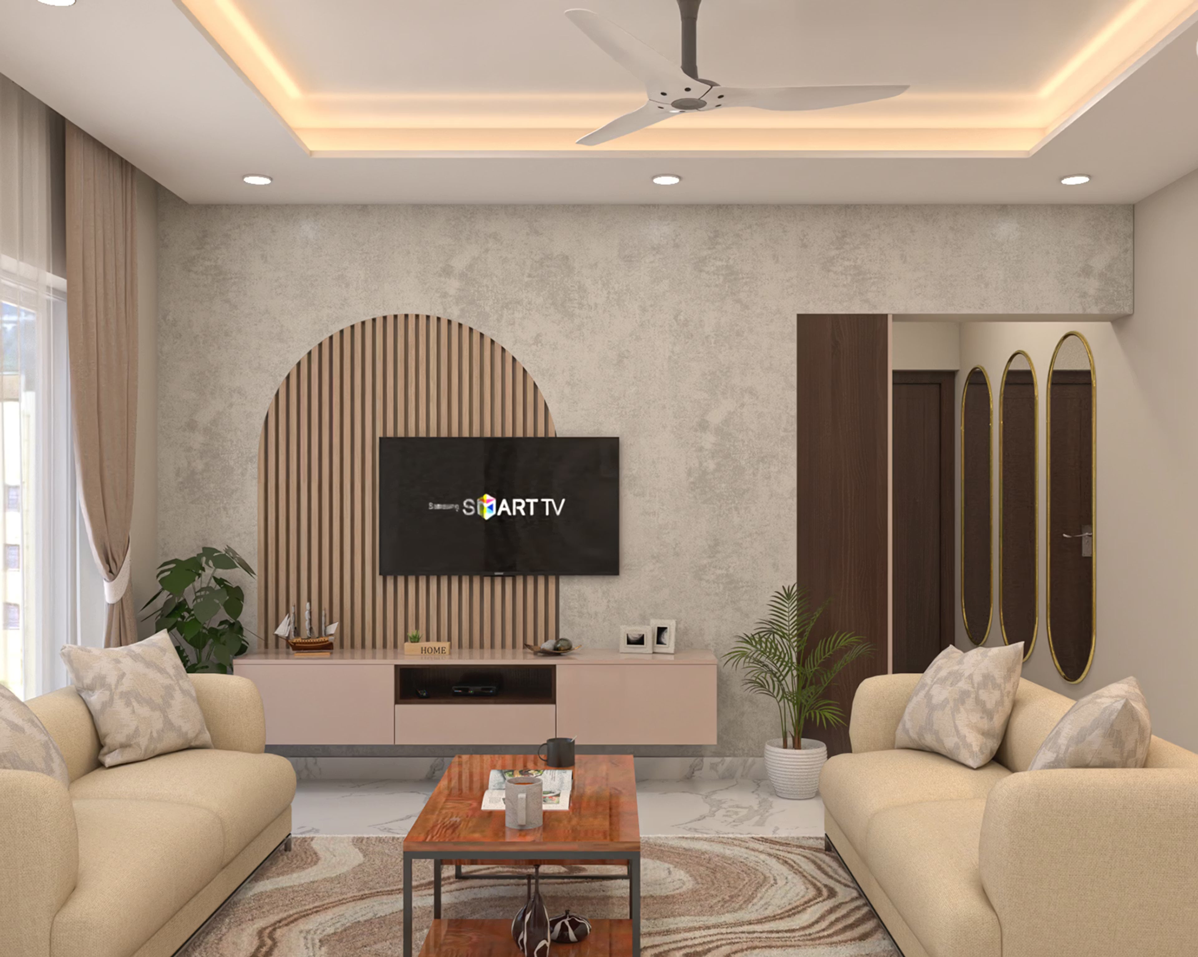 Contemporary TV Unit Design with Textured Backdrop and Wooden Arch Detailing