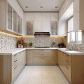 Grey and White U-Shaped Modern Kitchen Design Featuring Marble Countertop and Cabinets