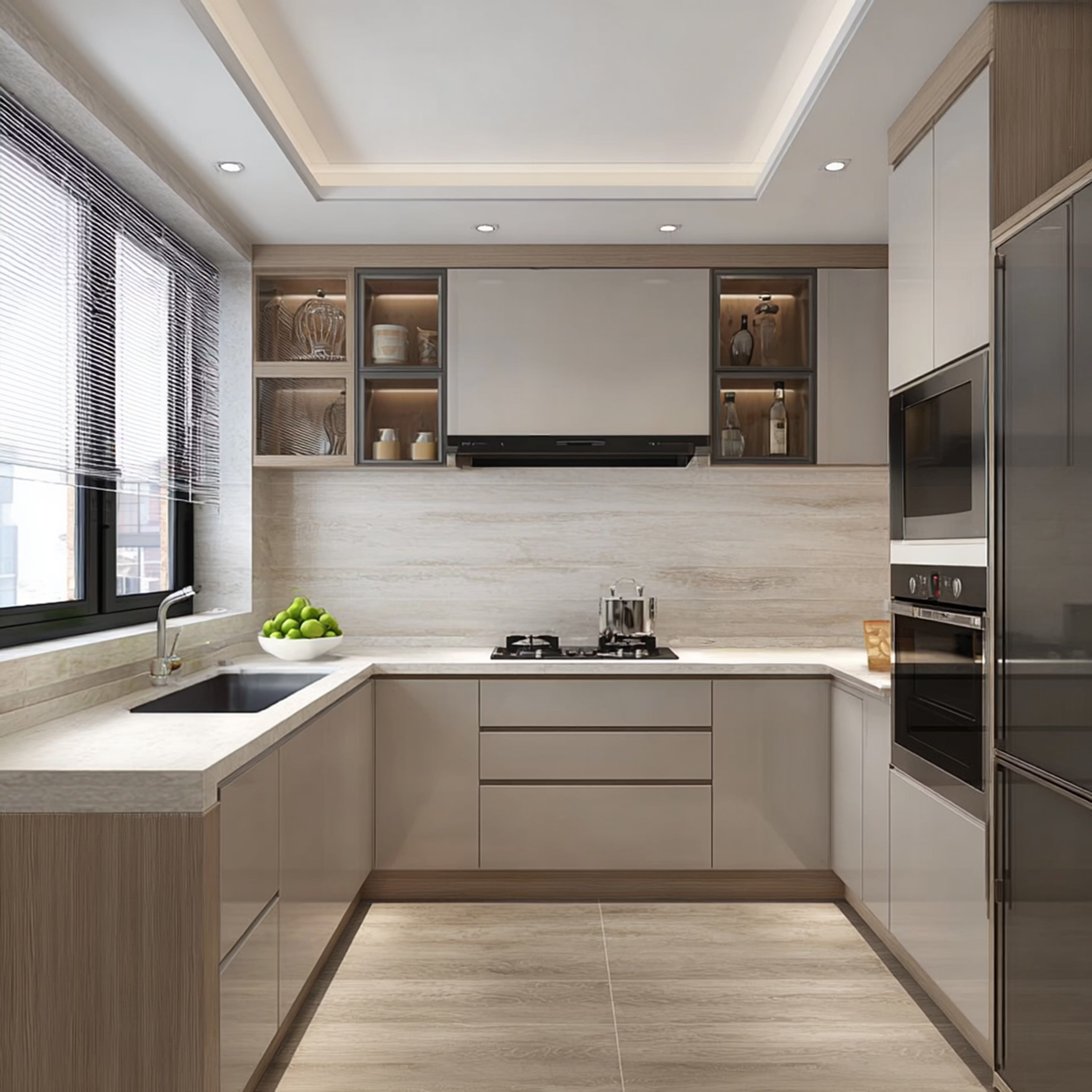 Modern Grey U-Shaped Kitchen Design with Quartz Countertops with High Gloss Finish
