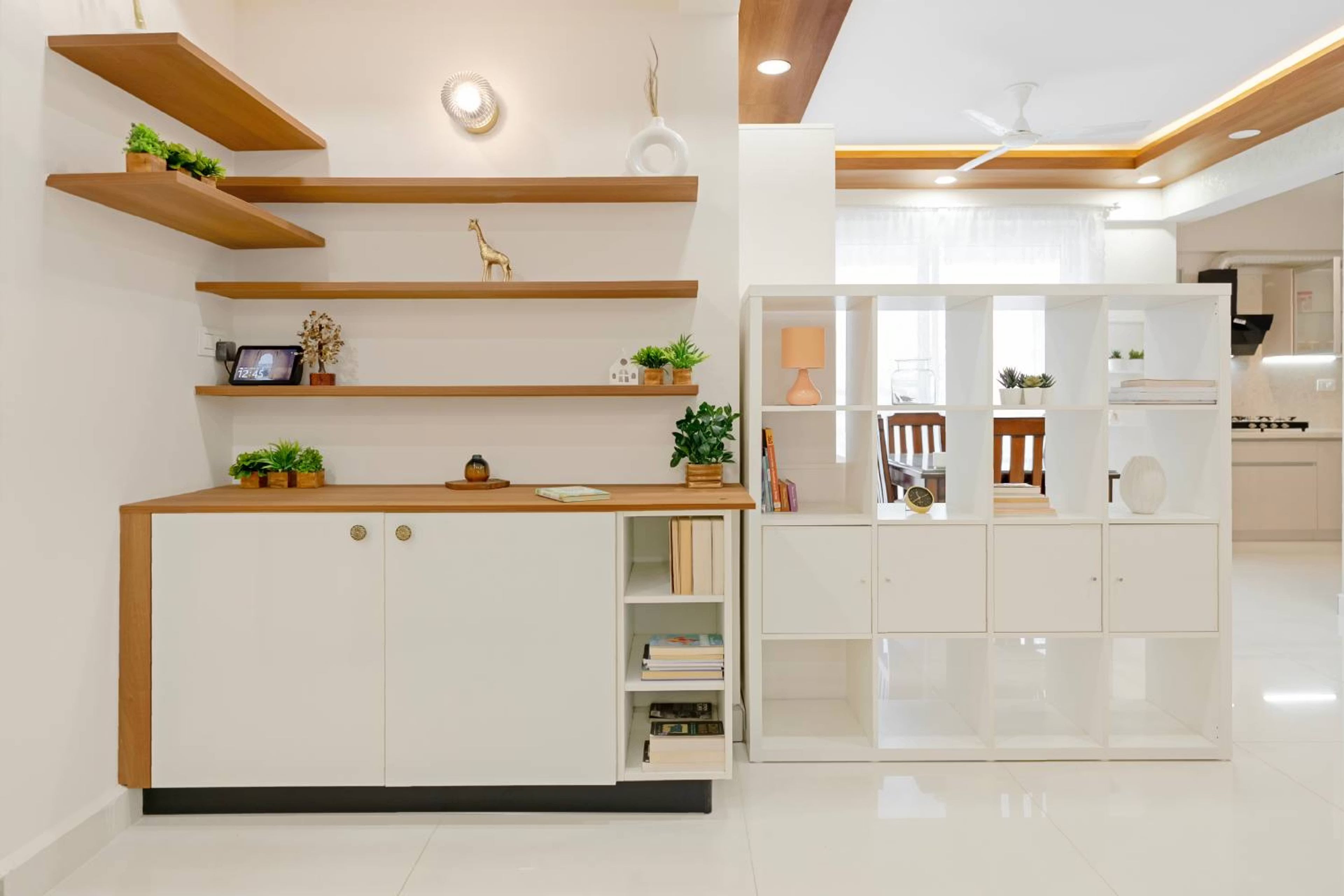 Scandinavian Foyer Design with Storage Bench and Shelving